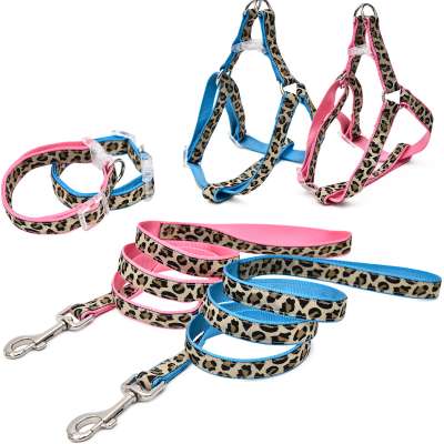 Innovative Leopard Print Dog Collar Leash Custom, Three-piece Set Extendable Dog Harness Vest